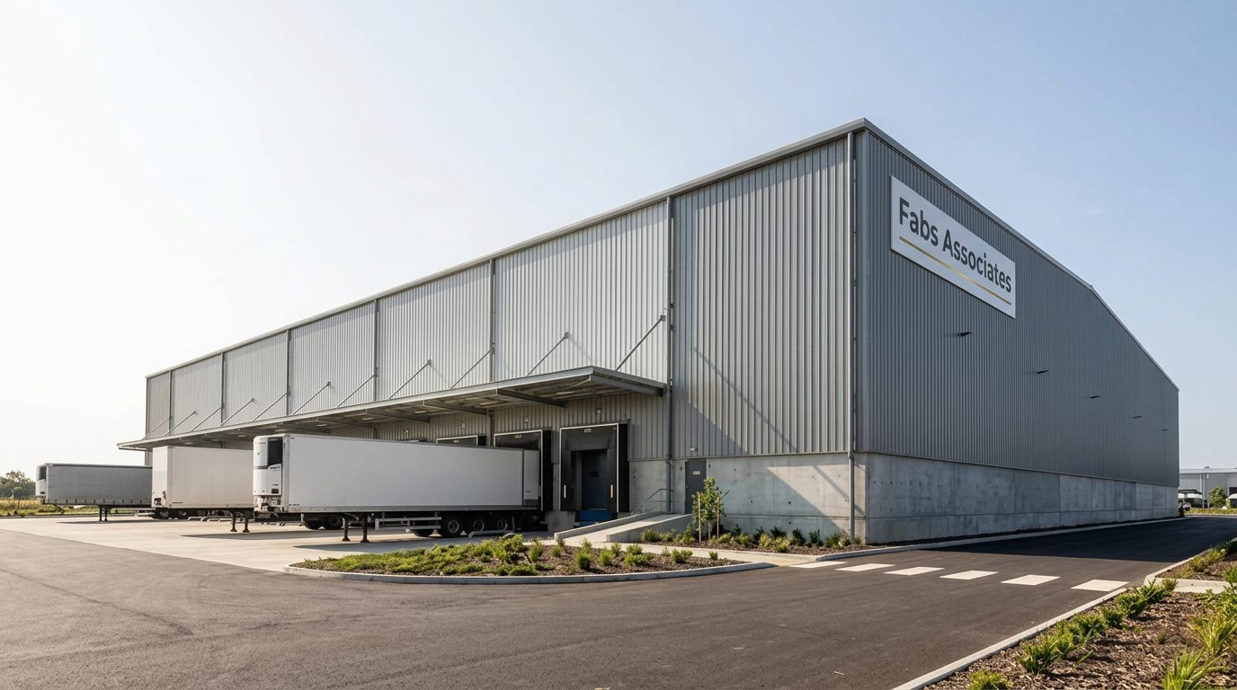 A Fabs Associates industrial warehouse with loading bays and trucks