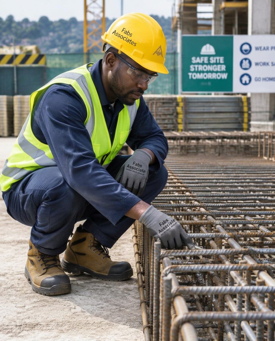 Construction worker in hard hat, high-visibility vest, gloves and safety glasses inspecting steel reinforcement