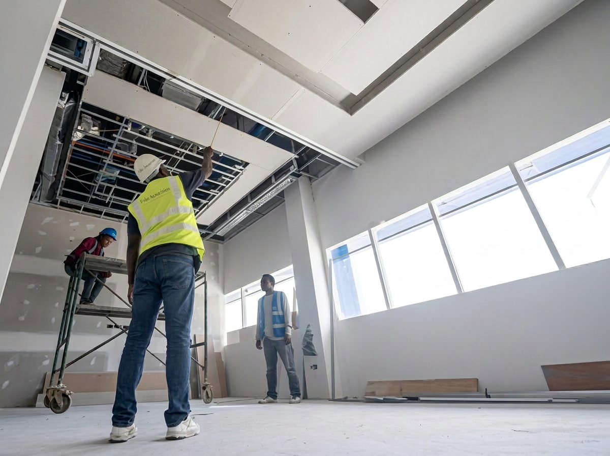 Black Nigerian Fabs Associates workers installing a suspended ceiling during a renovation