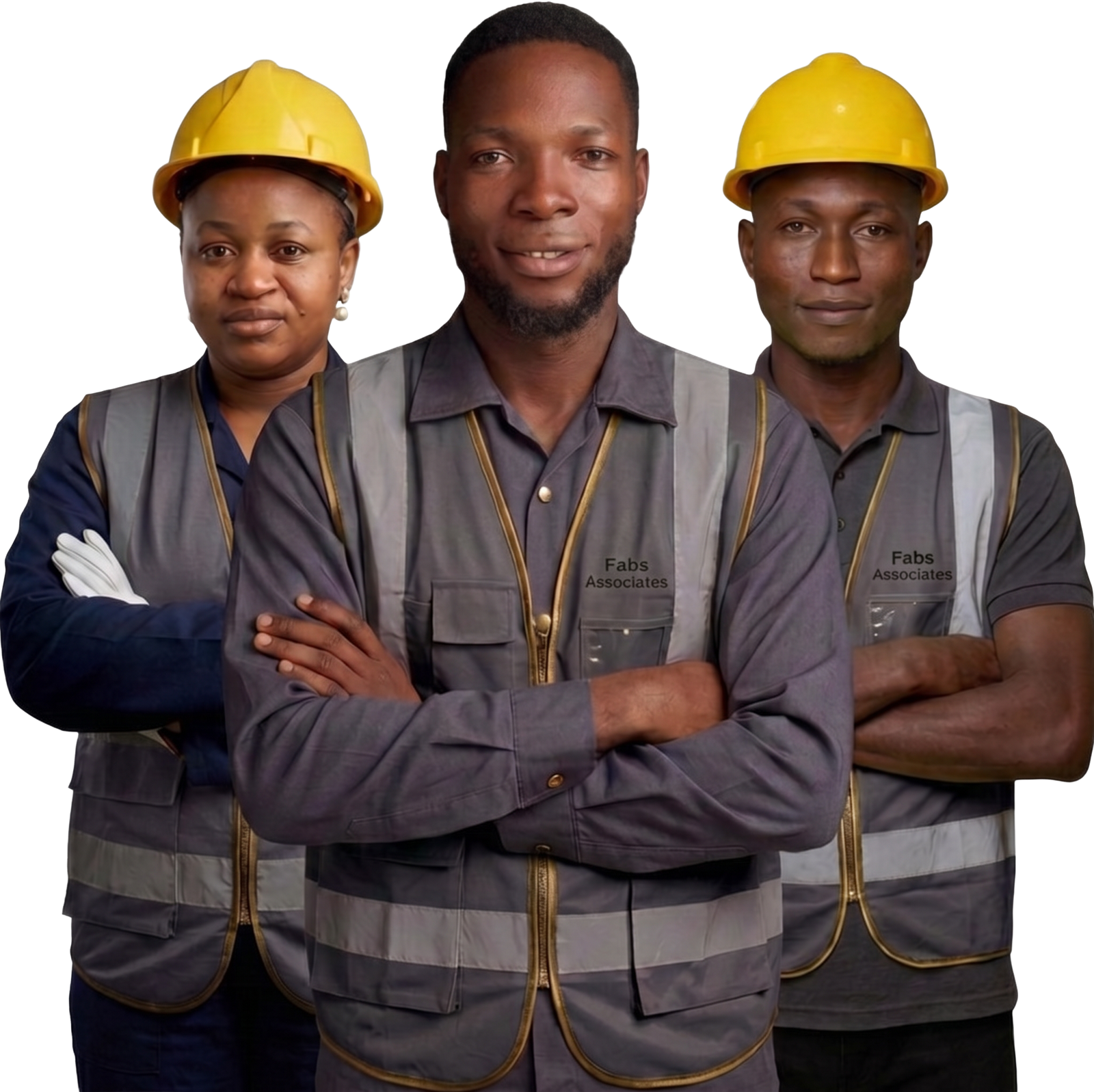 Fabs Associates engineers — the lead engineer with two engineers in branded PPE, arms folded